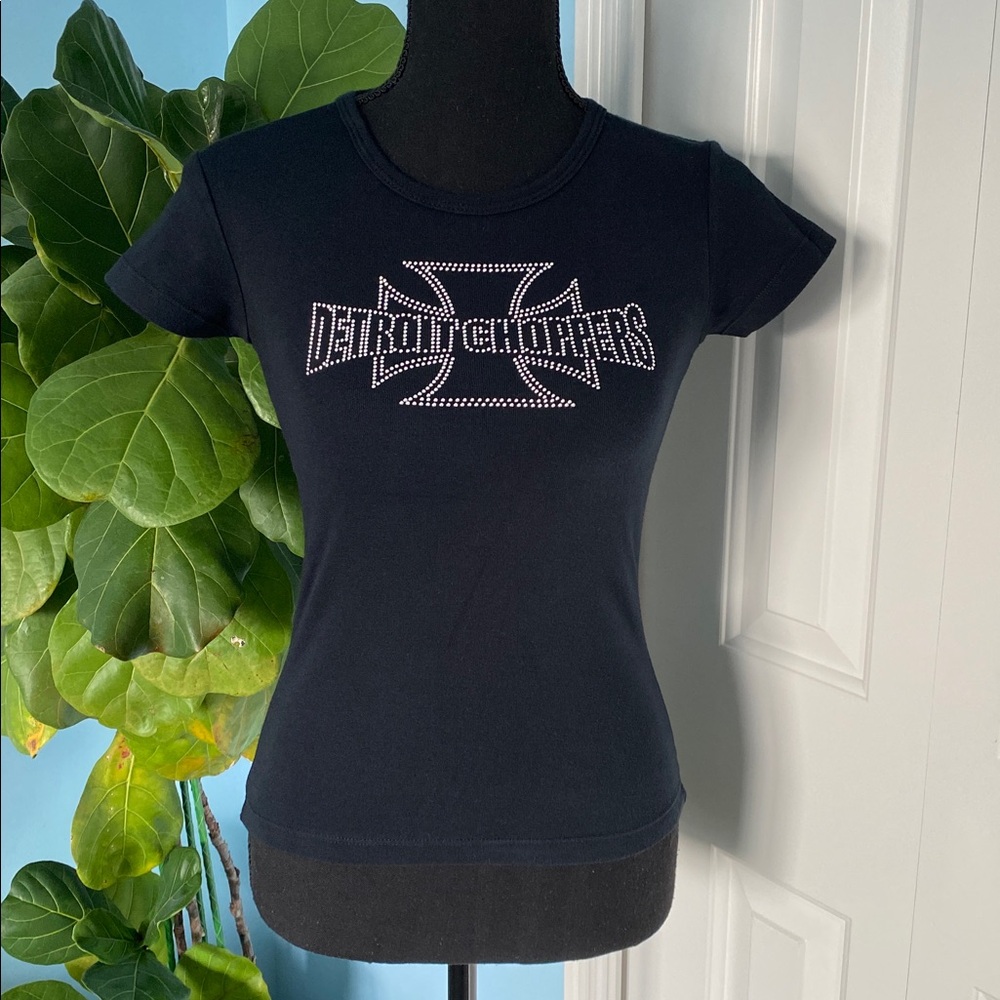 Rare Small Vintage Y2K Detroit Choppers Rhinestone/Stud Fitted Black Baby Tee